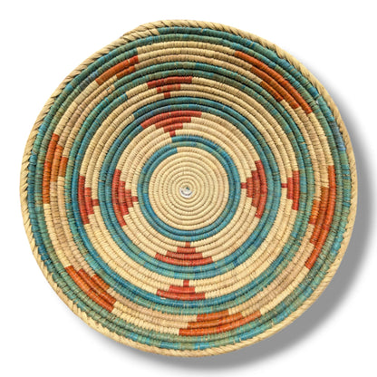 Handwoven Pakistani Coil Basket Turquoise and Terracotta Concentric Circles