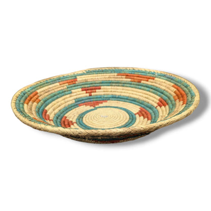 Handwoven Pakistani Coil Basket Turquoise and Terracotta Concentric Circles