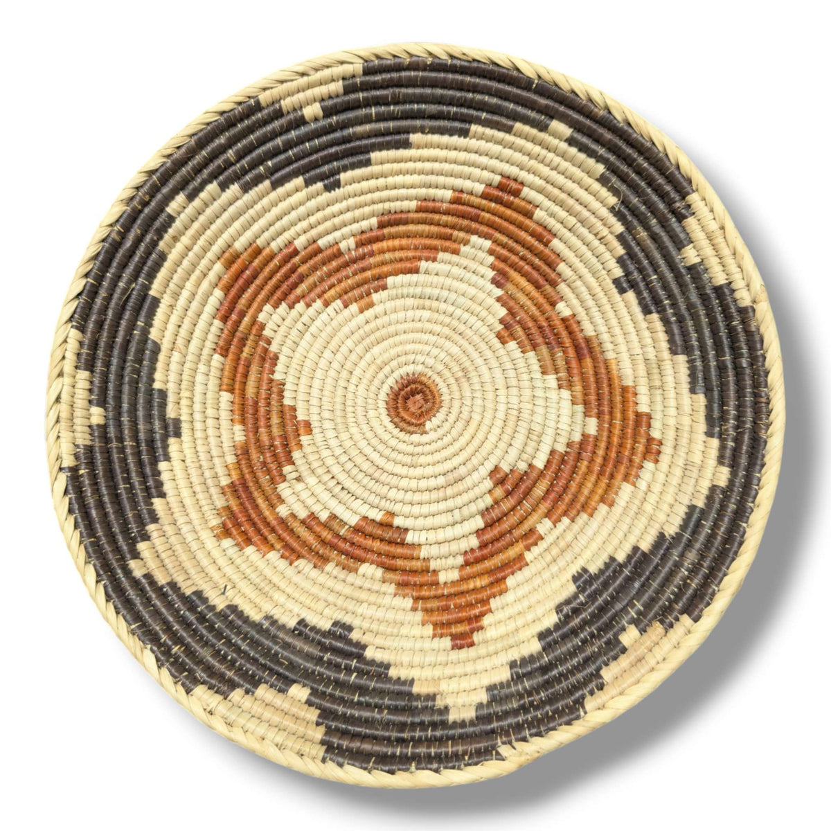 Handwoven Pakistani Coil Basket Charcoal Natural and Cinnamon Diamond Medallion - SunWest Treasures