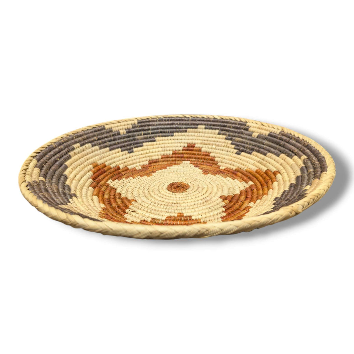 Handwoven Pakistani Coil Basket Charcoal Natural and Cinnamon Diamond Medallion - SunWest Treasures