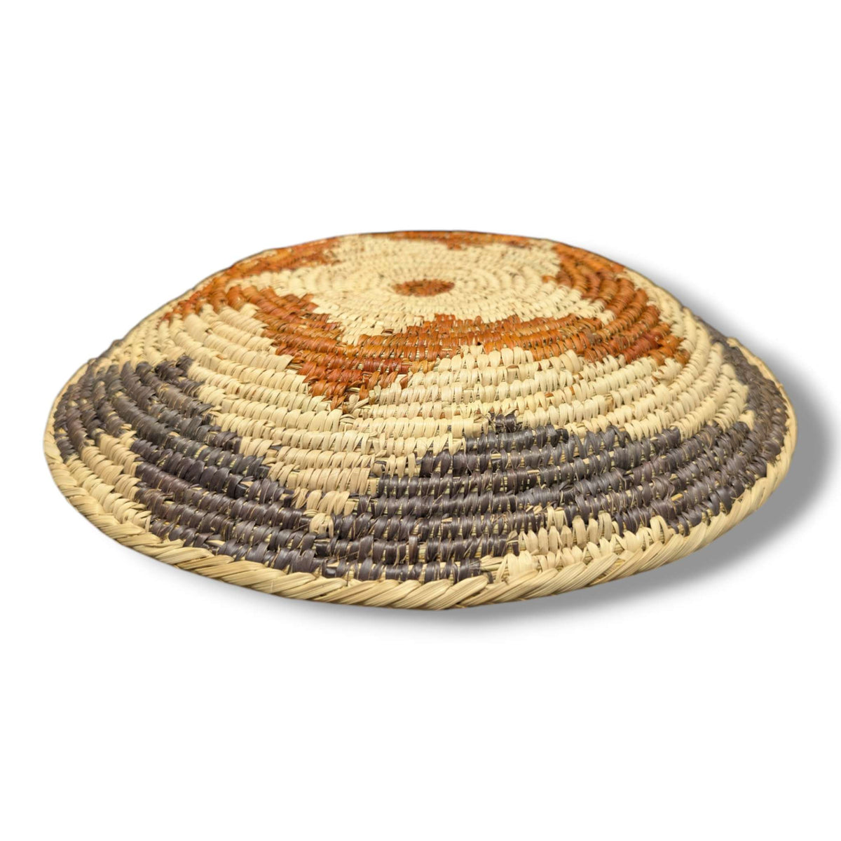 Handwoven Pakistani Coil Basket Charcoal Natural and Cinnamon Diamond Medallion - SunWest Treasures