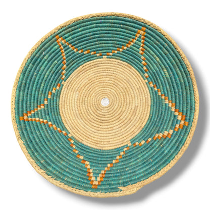 Handwoven Pakistani Coil Basket Teal and Natural Four-Point Arrow Star