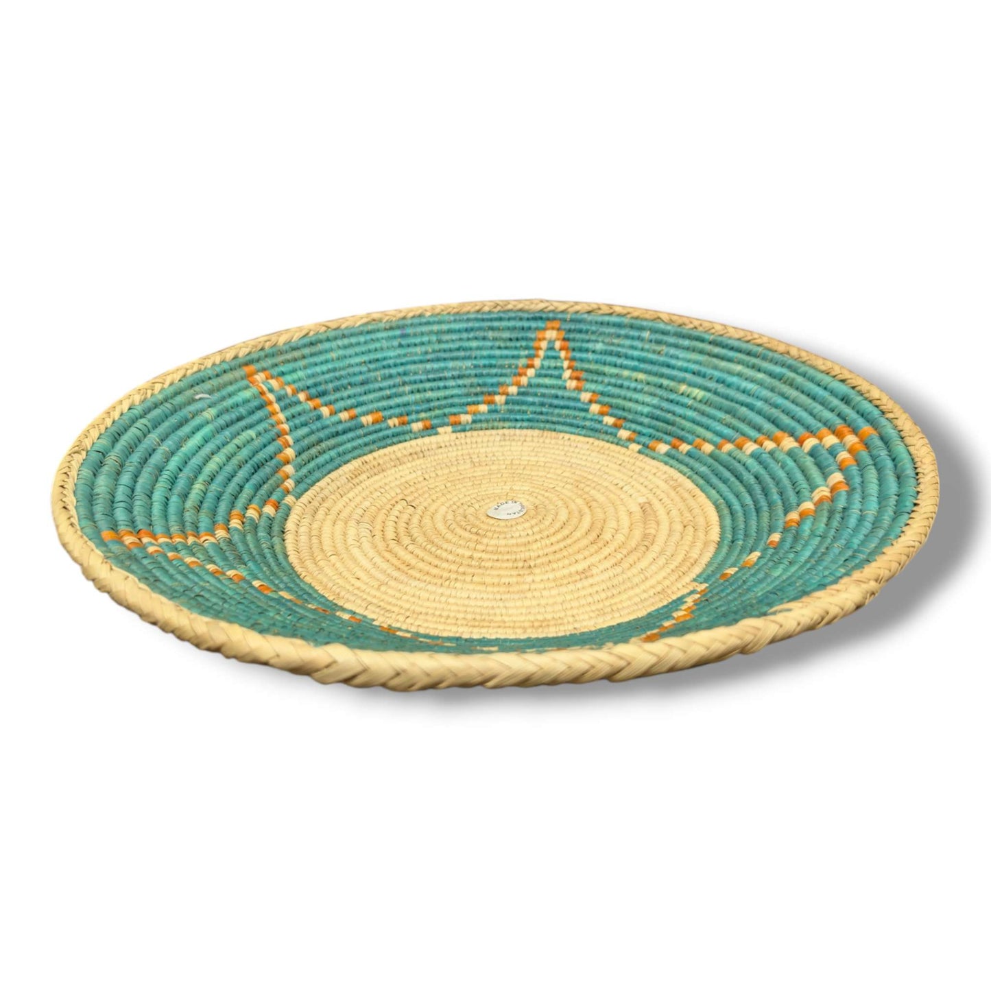 Handwoven Pakistani Coil Basket Teal and Natural Four-Point Arrow Star