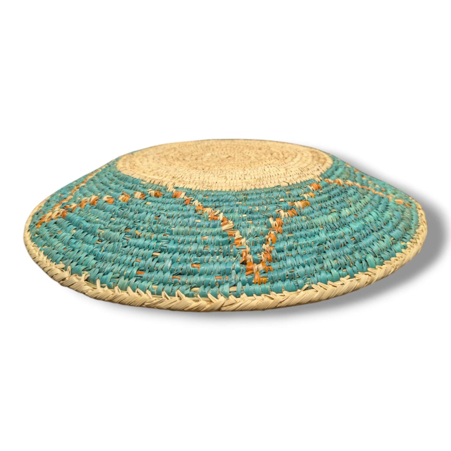 Handwoven Pakistani Coil Basket Teal and Natural Four-Point Arrow Star