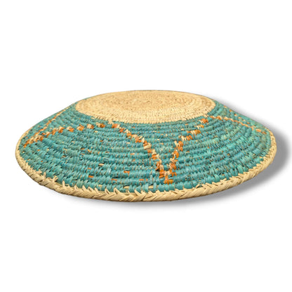 Handwoven Pakistani Coil Basket Teal and Natural Four-Point Arrow Star