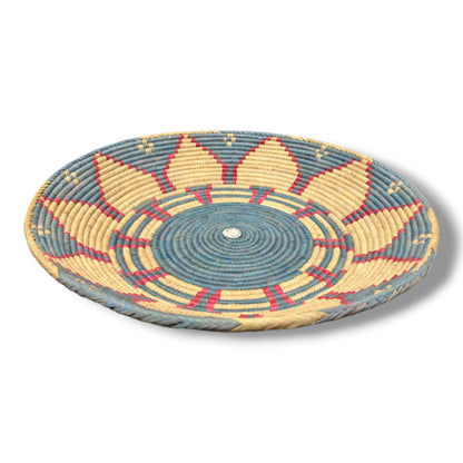Handwoven Pakistani Coil Basket Slate Blue Natural and Raspberry Petal Star