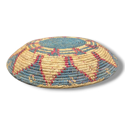 Handwoven Pakistani Coil Basket Slate Blue Natural and Raspberry Petal Star