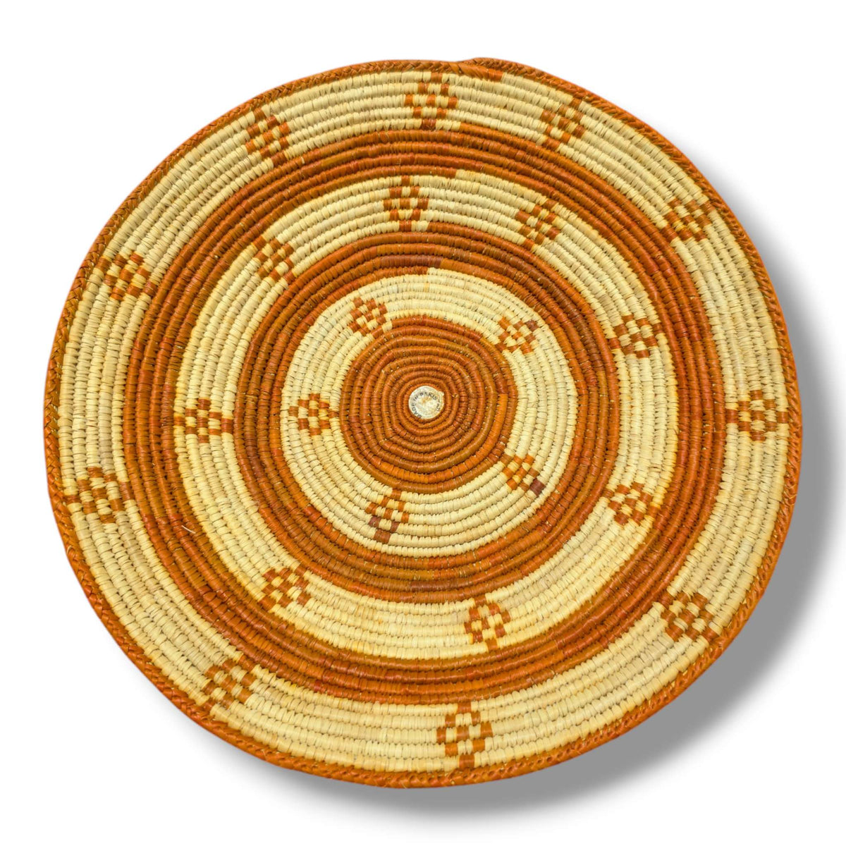 Handwoven Pakistani Coil Basket Amber and Natural Straw Intersecting Lines Motif - SunWest Treasures