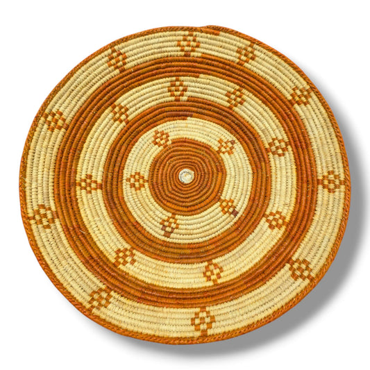 Handwoven Pakistani Coil Basket Amber and Natural Straw Intersecting Lines Motif