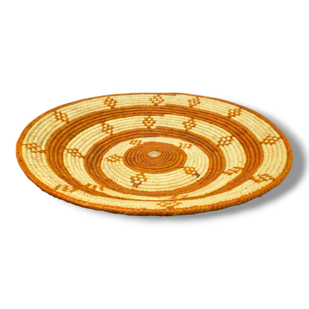 Handwoven Pakistani Coil Basket Amber and Natural Straw Intersecting Lines Motif - SunWest Treasures