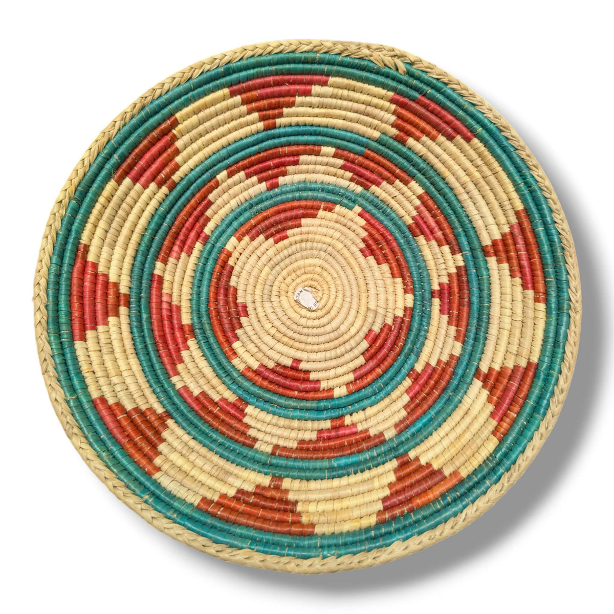 Handwoven Pakistani Coil Basket Teal and Coral Spiral Dash