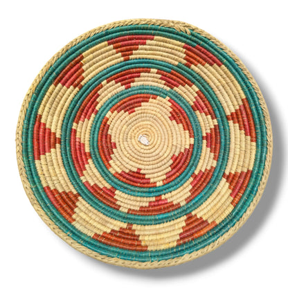 Handwoven Pakistani Coil Basket Teal and Coral Spiral Dash