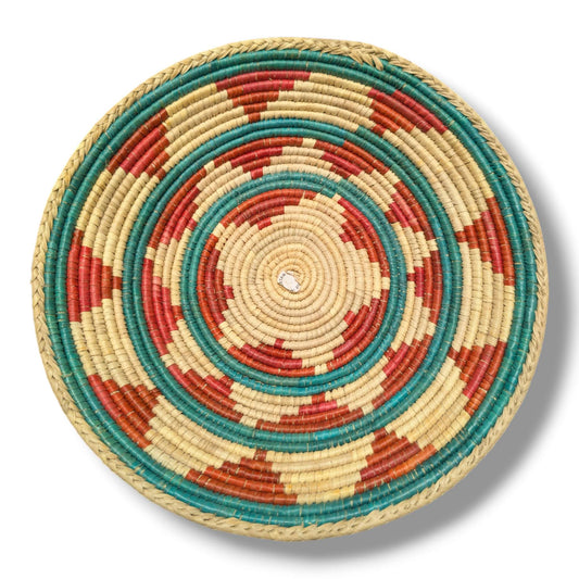 Handwoven Pakistani Coil Basket Teal and Coral Spiral Dash