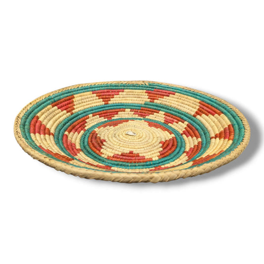 Handwoven Pakistani Coil Basket Teal and Coral Spiral Dash