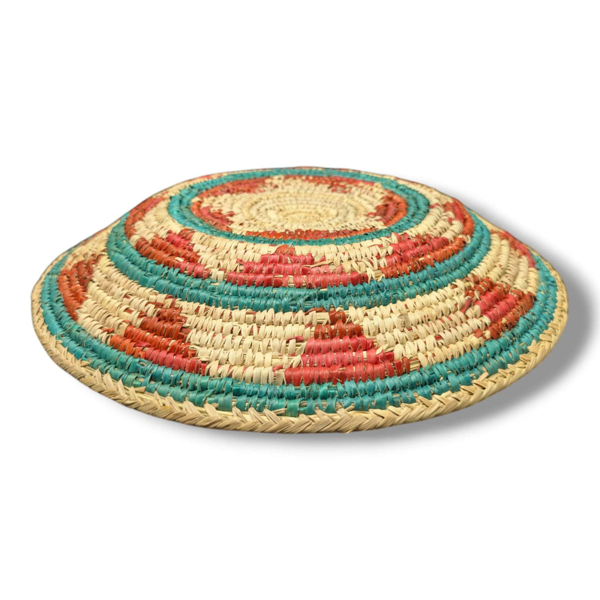 Handwoven Pakistani Coil Basket Teal and Coral Spiral Dash