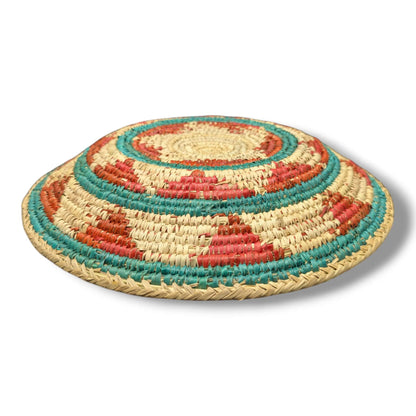 Handwoven Pakistani Coil Basket Teal and Coral Spiral Dash