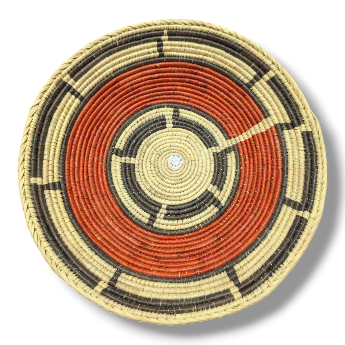 Handwoven Pakistani Coil Basket Burnt Orange and Charcoal Pinwheel
