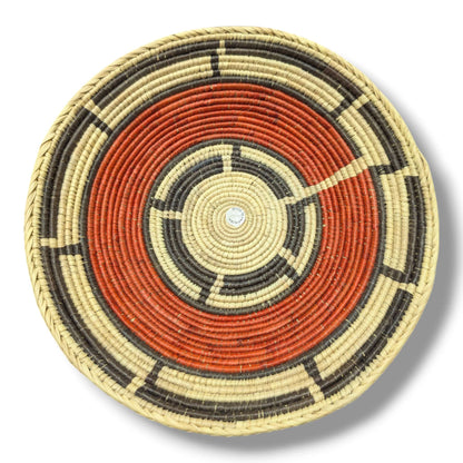 Handwoven Pakistani Coil Basket Burnt Orange and Charcoal Pinwheel