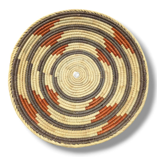 Handwoven Pakistani Coil Basket Natural Straw Taupe and Terracotta Spiral