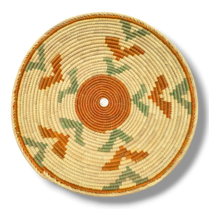 Handwoven Pakistani Coil Basket Terracotta and Sage Green Boomerang Pinwheel