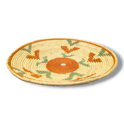 Handwoven Pakistani Coil Basket Terracotta and Sage Green Boomerang Pinwheel