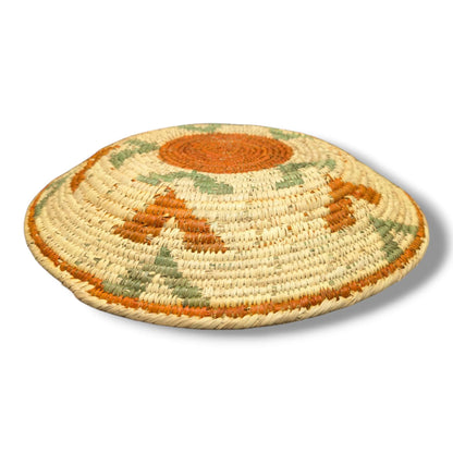 Handwoven Pakistani Coil Basket Terracotta and Sage Green Boomerang Pinwheel