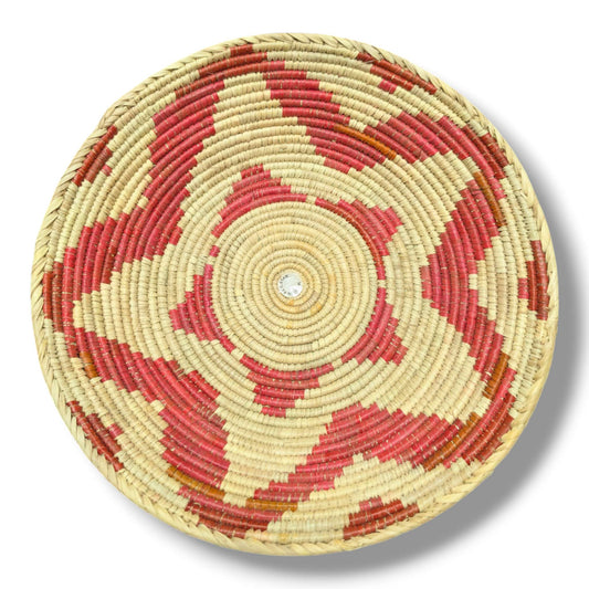 Handwoven Pakistani Coil Basket Rose Red and Natural Chevron Pinwheel