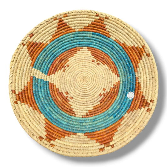 Handwoven Pakistani Coil Basket Turquoise and Terracotta Natural Straw Swirl