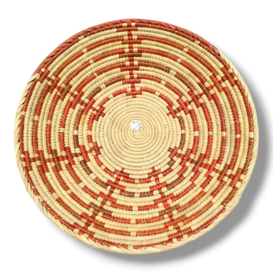 Handwoven Pakistani Coil Basket Brick Red and Natural Straw Spiral Labyrinth