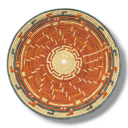 Handwoven Pakistani Coil Basket Burnt Orange Slate Blue and Natural Sun Ray Medallion - SunWest Treasures