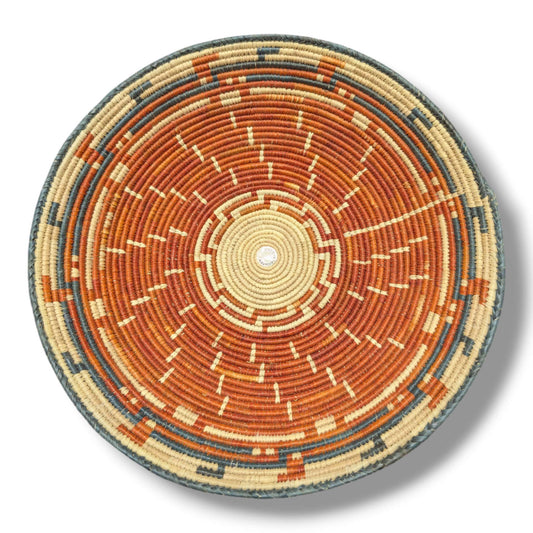 Handwoven Pakistani Coil Basket Burnt Orange Slate Blue and Natural Sun Ray Medallion