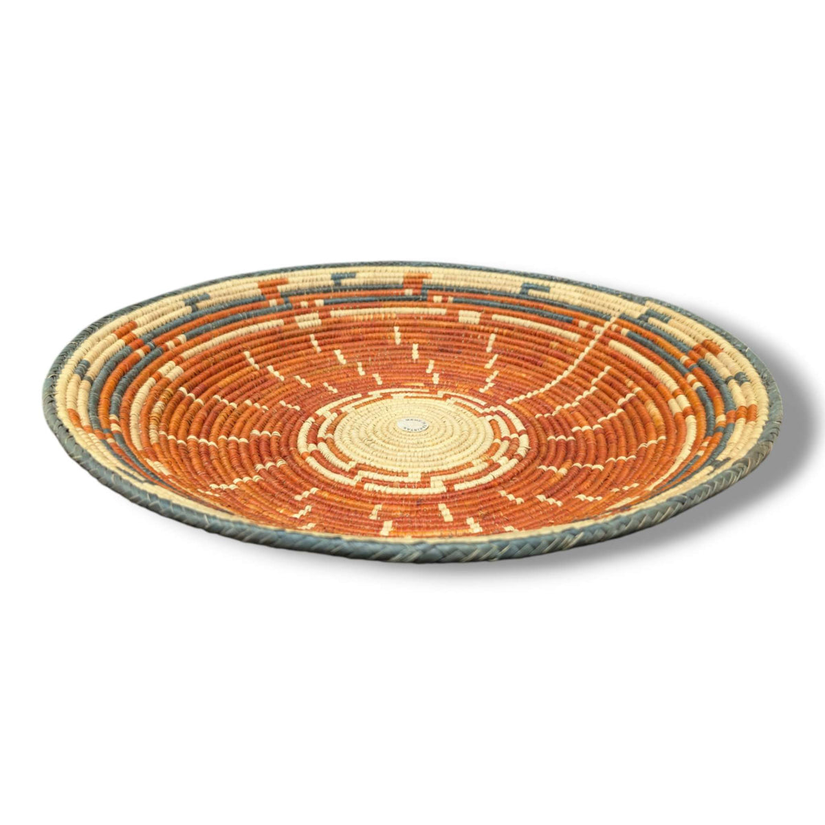 Handwoven Pakistani Coil Basket Burnt Orange Slate Blue and Natural Sun Ray Medallion - SunWest Treasures