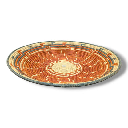 Handwoven Pakistani Coil Basket Burnt Orange Slate Blue and Natural Sun Ray Medallion - SunWest Treasures