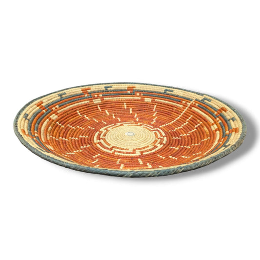 Handwoven Pakistani Coil Basket Burnt Orange Slate Blue and Natural Sun Ray Medallion