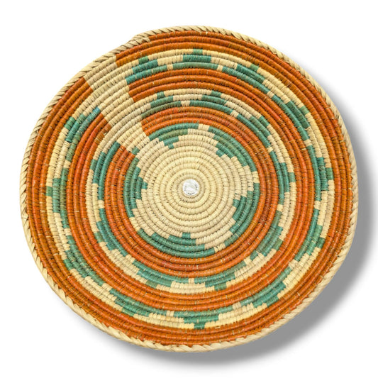 Handwoven Pakistani Coil Basket Terracotta and Sage Green Scalloped Concentric Rings