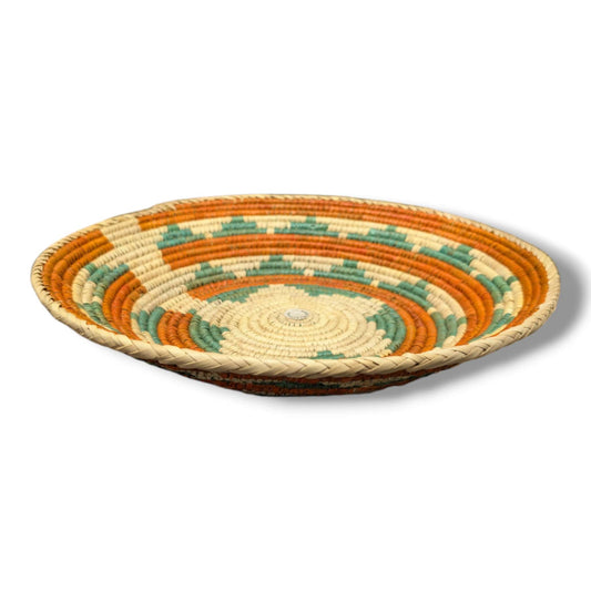 Handwoven Pakistani Coil Basket Terracotta and Sage Green Scalloped Concentric Rings