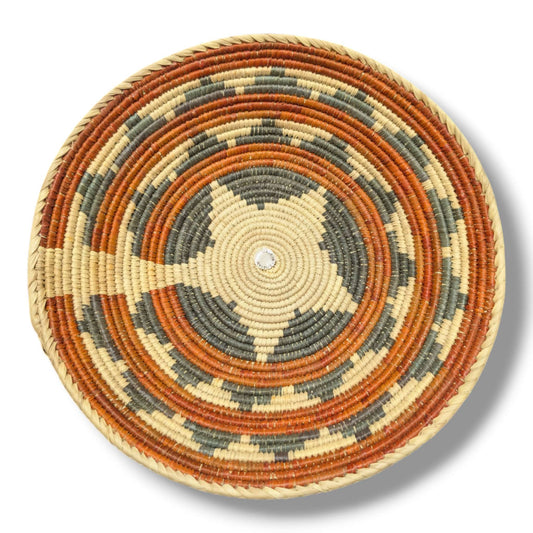 Handwoven Pakistani Coil Basket Rust Orange and Slate Gray Four - Point Kite Star - SunWest Treasures