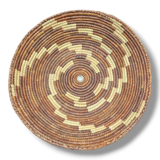 Handwoven Pakistani Coil Basket Walnut Brown and Natural Straw Stepping Stone