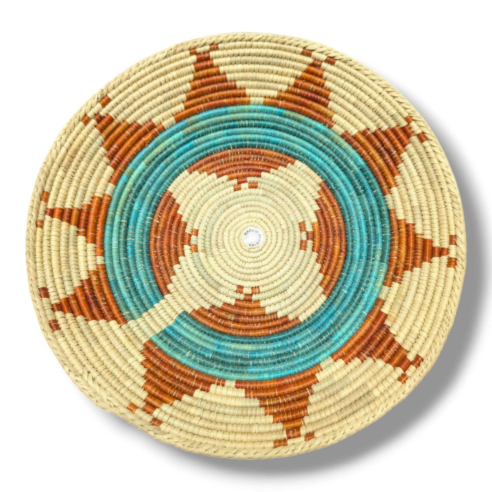 Handwoven Pakistani Coil Basket Turquoise Ring and Rust Arrow Sunburst on Natural - SunWest Treasures
