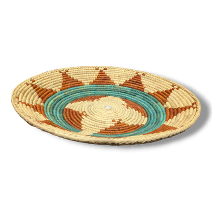 Handwoven Pakistani Coil Basket Turquoise Ring and Rust Arrow Sunburst on Natural - SunWest Treasures
