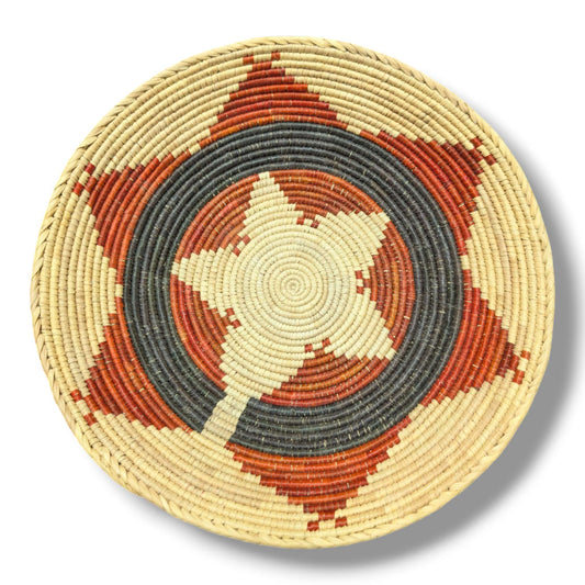 Handwoven Pakistani Coil Basket Slate Gray Ring and Rust Arrow Sunburst on Natural - SunWest Treasures