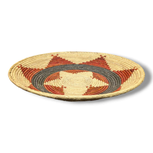 Handwoven Pakistani Coil Basket Slate Gray Ring and Rust Arrow Sunburst on Natural - SunWest Treasures