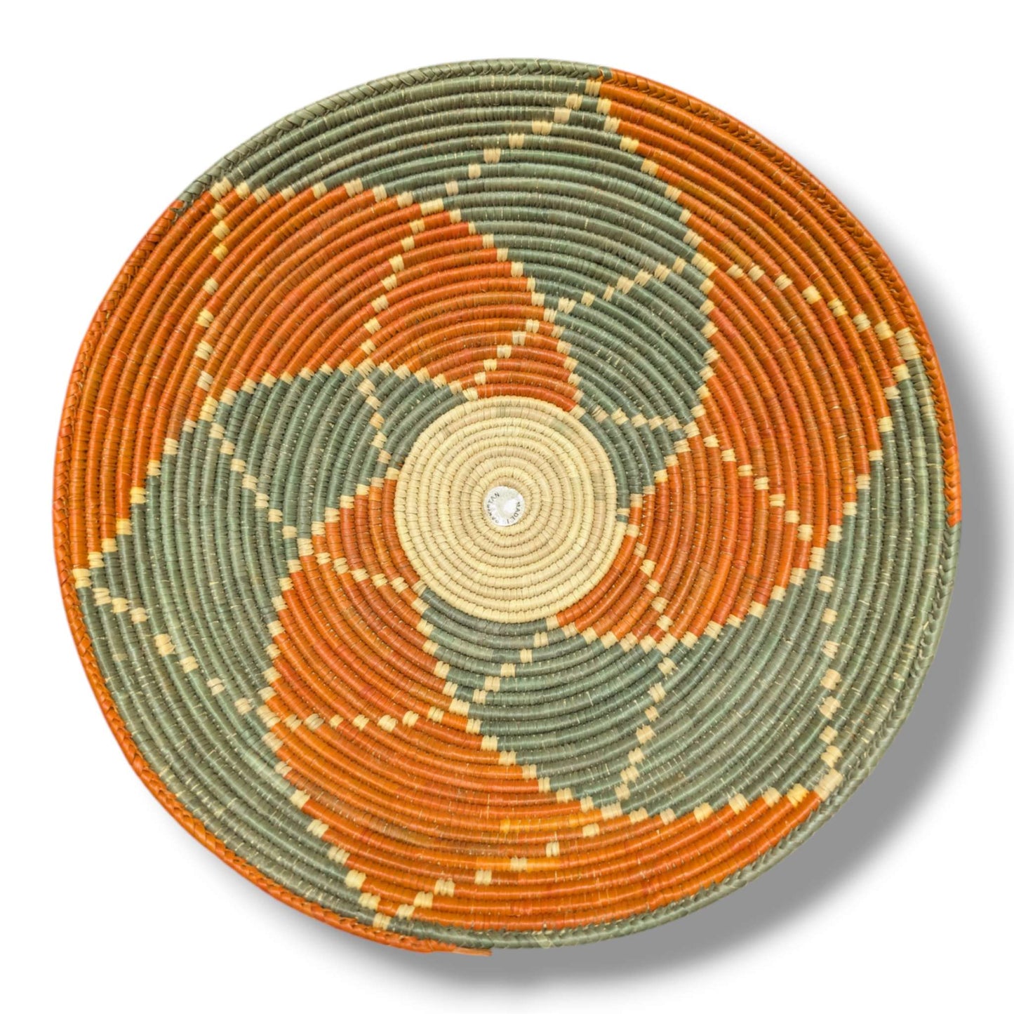 Handwoven Pakistani Coil Basket Tangerine Orange and Sage Green Bold Swirl - SunWest Treasures