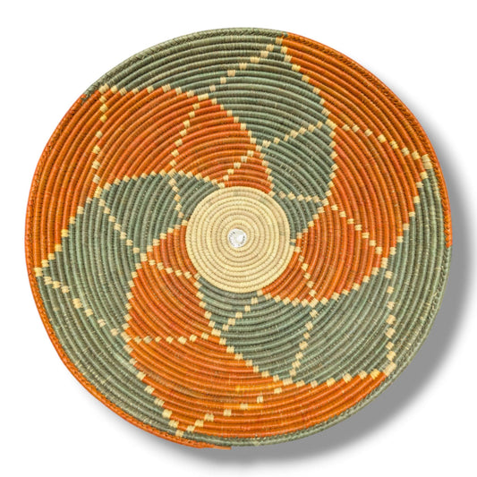 Handwoven Pakistani Coil Basket Tangerine Orange and Sage Green Bold Swirl - SunWest Treasures