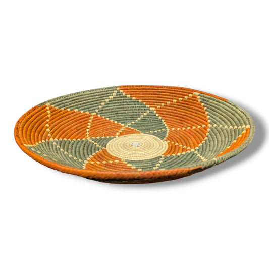 Handwoven Pakistani Coil Basket Tangerine Orange and Sage Green Bold Swirl - SunWest Treasures