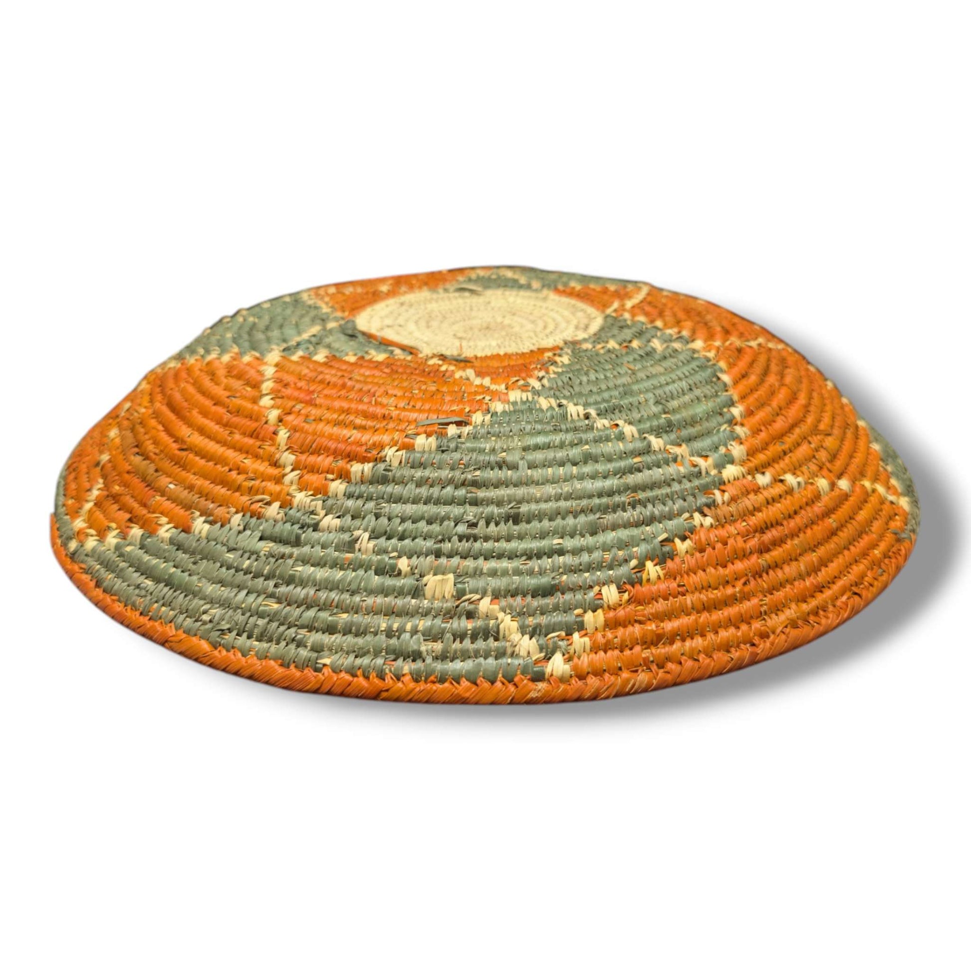 Handwoven Pakistani Coil Basket Tangerine Orange and Sage Green Bold Swirl - SunWest Treasures