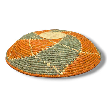 Handwoven Pakistani Coil Basket Tangerine Orange and Sage Green Bold Swirl - SunWest Treasures