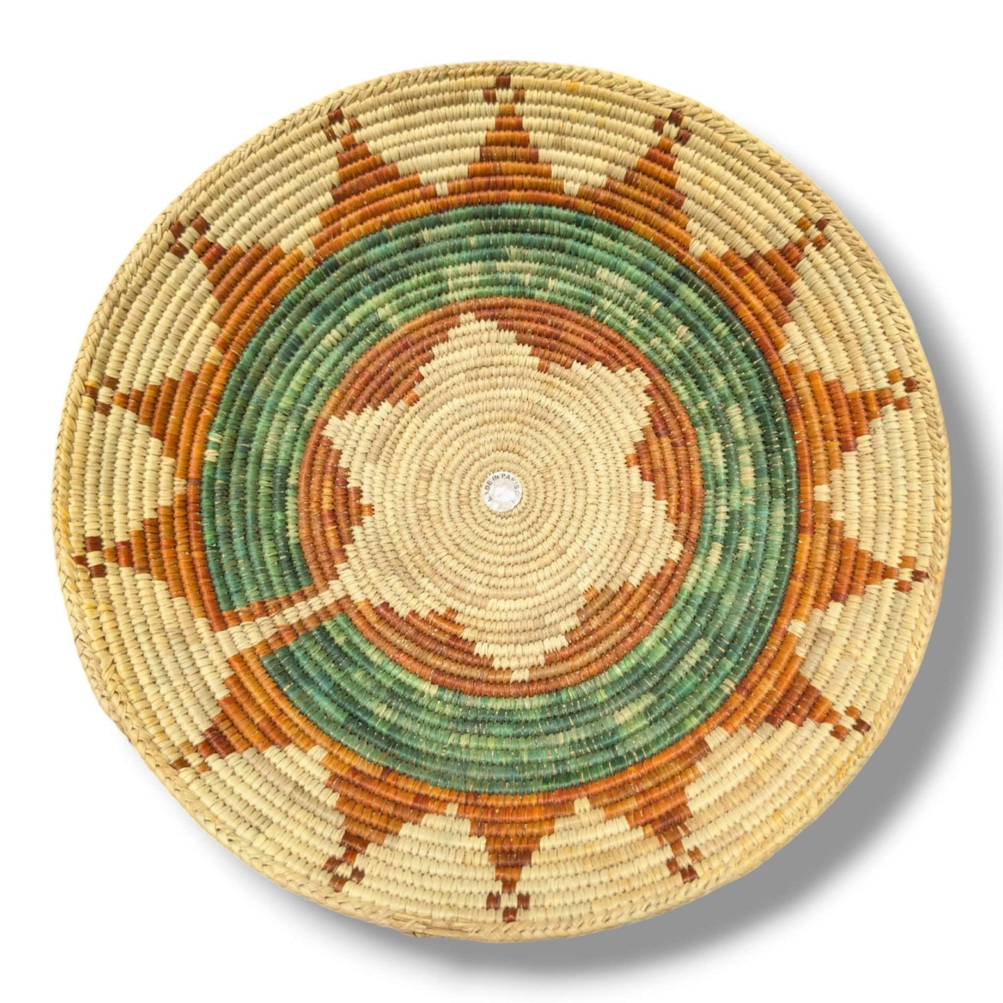 Handwoven Pakistani Coil Basket Sage Green and Cinnamon Compass Rose on Natural