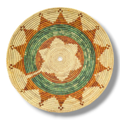 Handwoven Pakistani Coil Basket Sage Green and Cinnamon Compass Rose on Natural