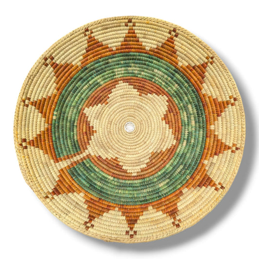 Handwoven Pakistani Coil Basket Sage Green and Cinnamon Compass Rose on Natural